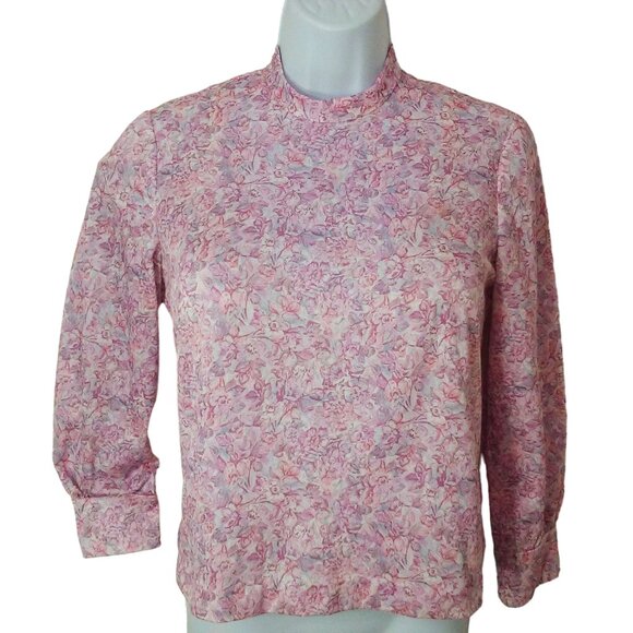Vintage 60s Handmade Floral Blouse Top S-6 Mockneck LSL Metal Back-Zip Polyester - Picture 1 of 11
